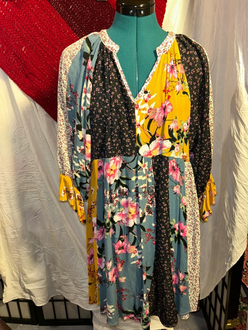 Umgee Mixed Floral Patchwork Long Sleeve Dress in Yellow, Teal & Black